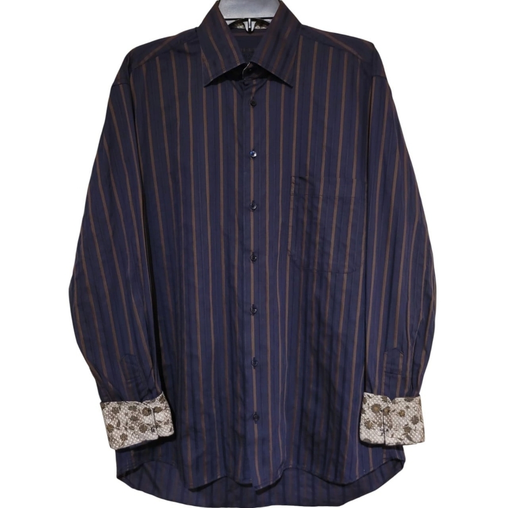 Lipson Black Line Men’s Large Long Sleeve Striped Shirt Navy, Patterned Cuffs